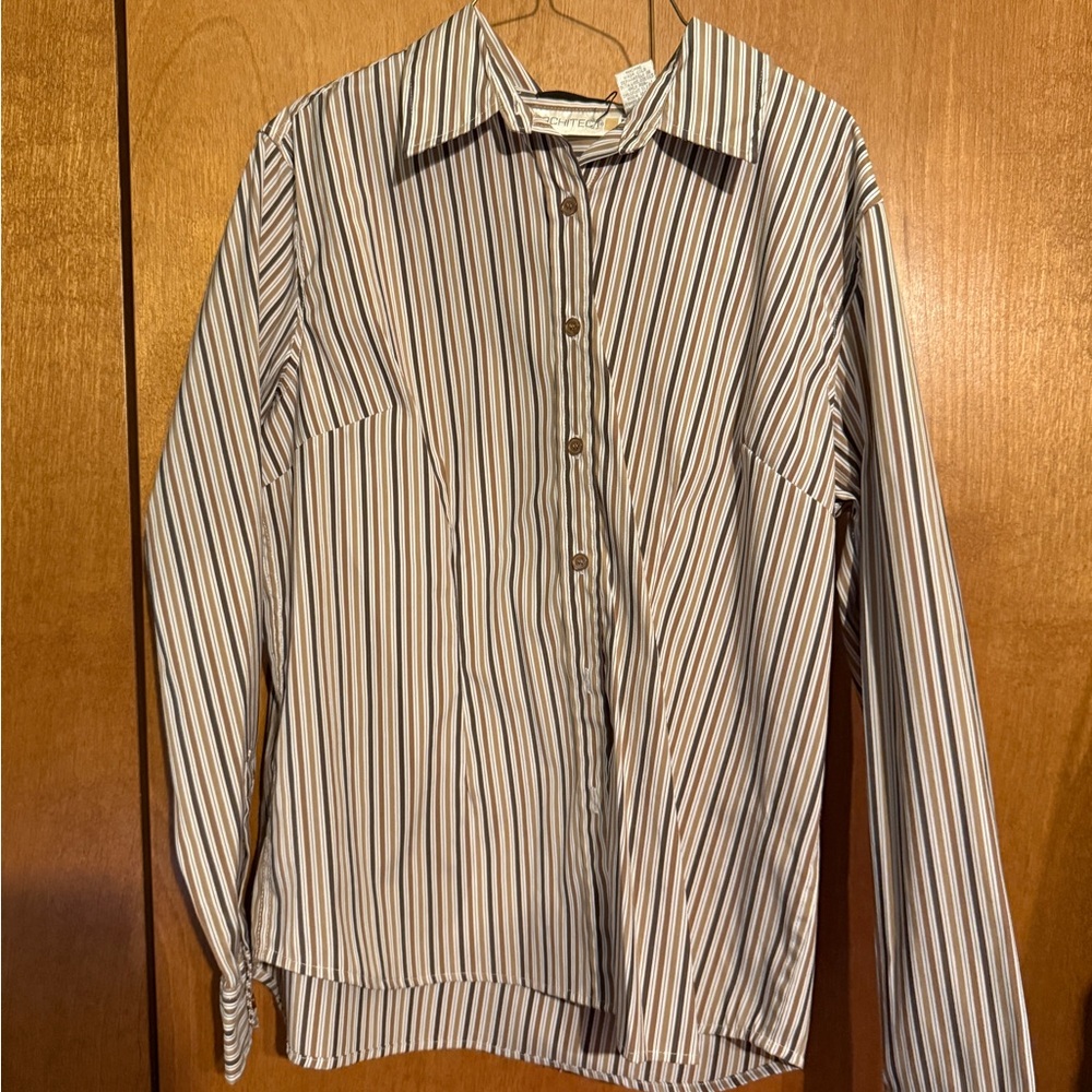 Brown, Tan and White Striped Button Down Shirt